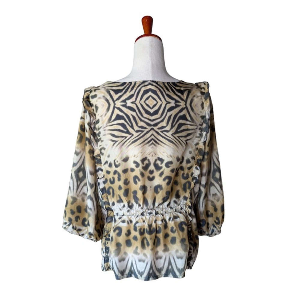 Johnny Was Aisha Silk Animal‎ Print Peplum Blouse Ruffle Leopard Zebra Tan M - Picture 4 of 6